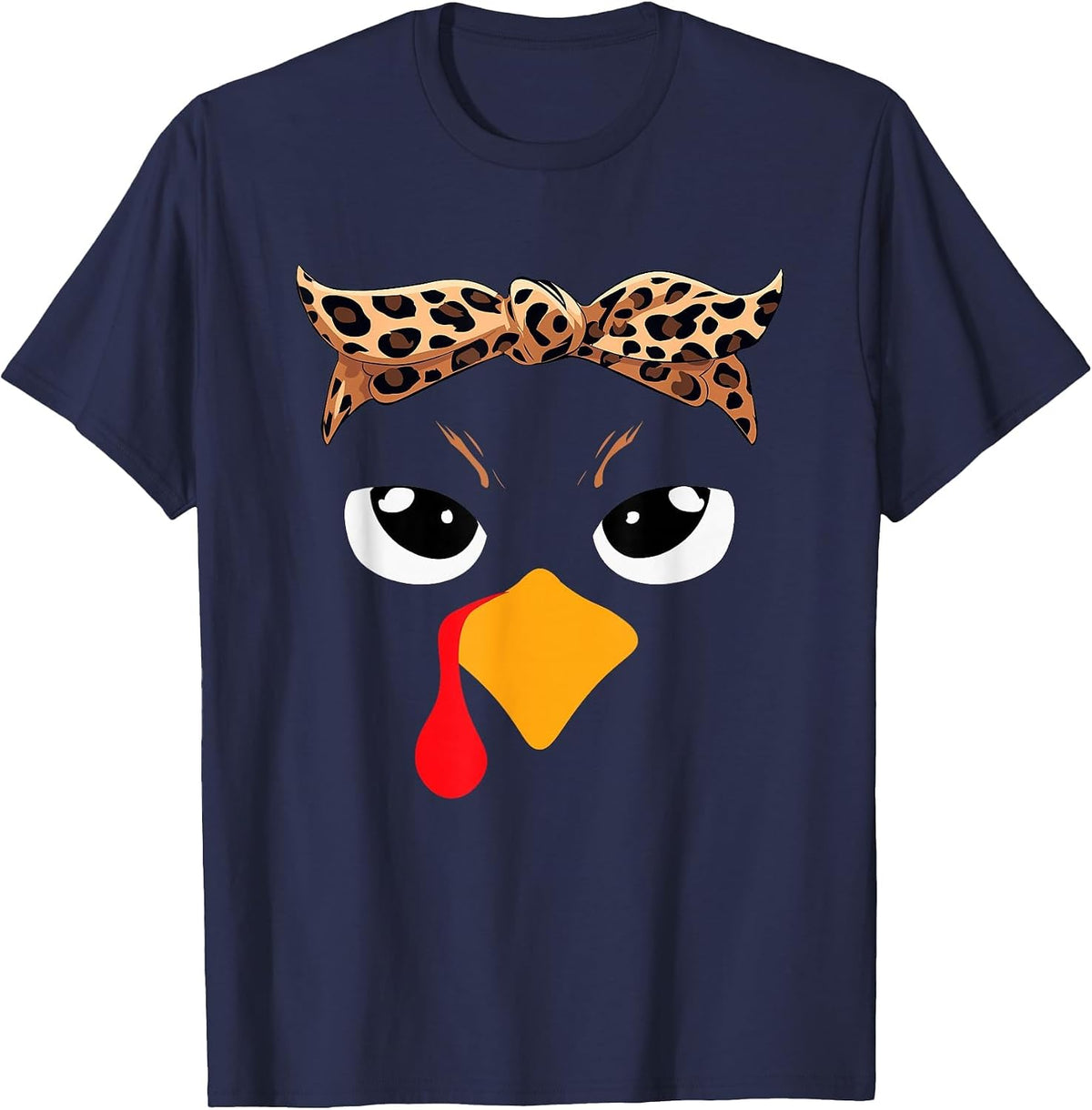 Girls Thanksgiving Turkey Face Leopard Bandana Women Turkey T-Shirt - Navy Blue