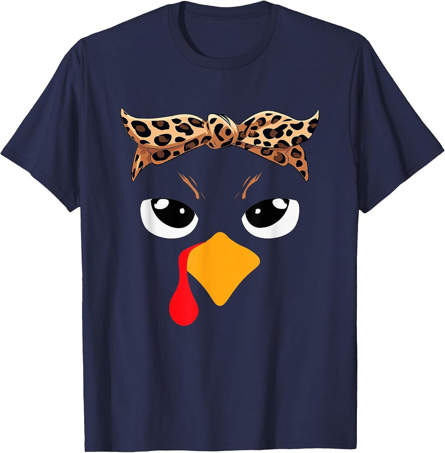 Girls Thanksgiving Turkey Face Leopard Bandana Women Turkey T-Shirt - Navy Blue