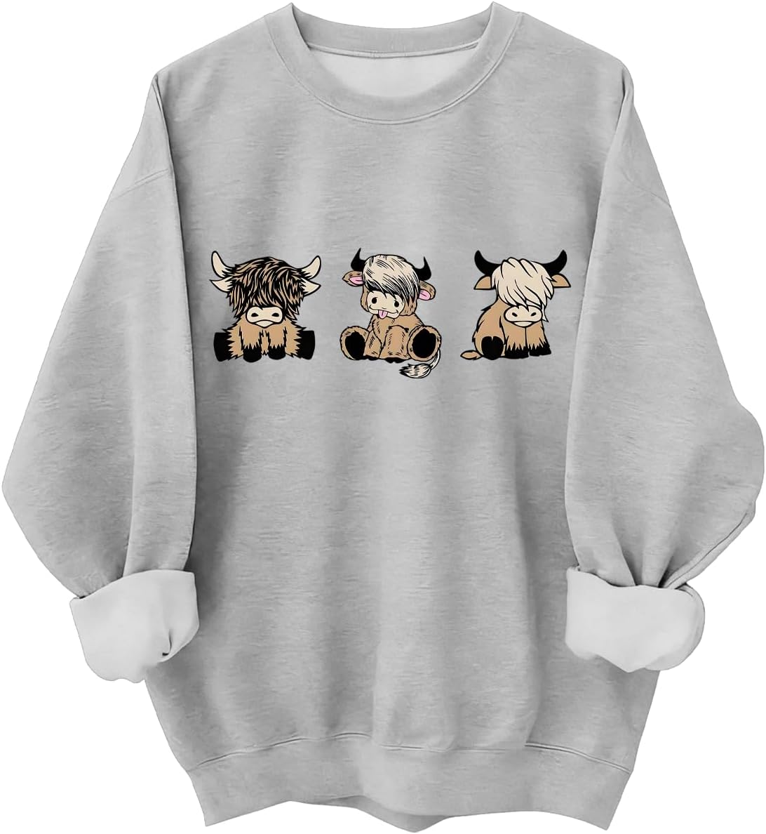 Highland Cow Sweatshirts for Women Cute Animal Farm Country Tops - Crew Neck Grey-1