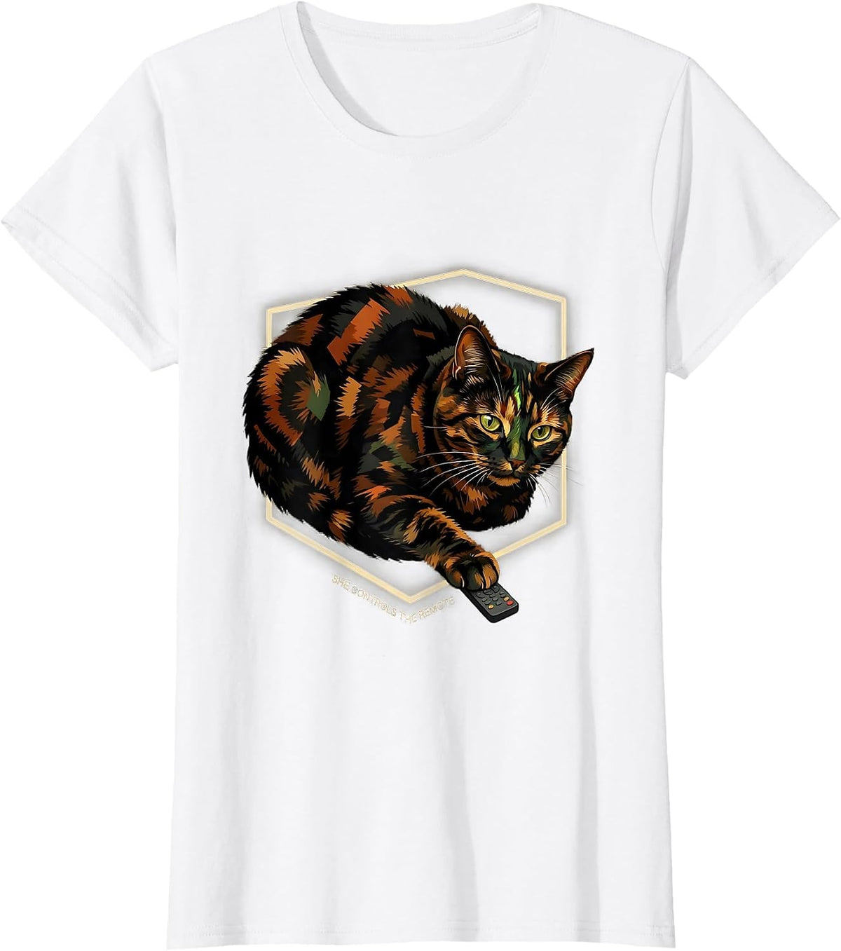 She Controls The Remote Funny Tortie Cat Owner Humor T-Shirt - White