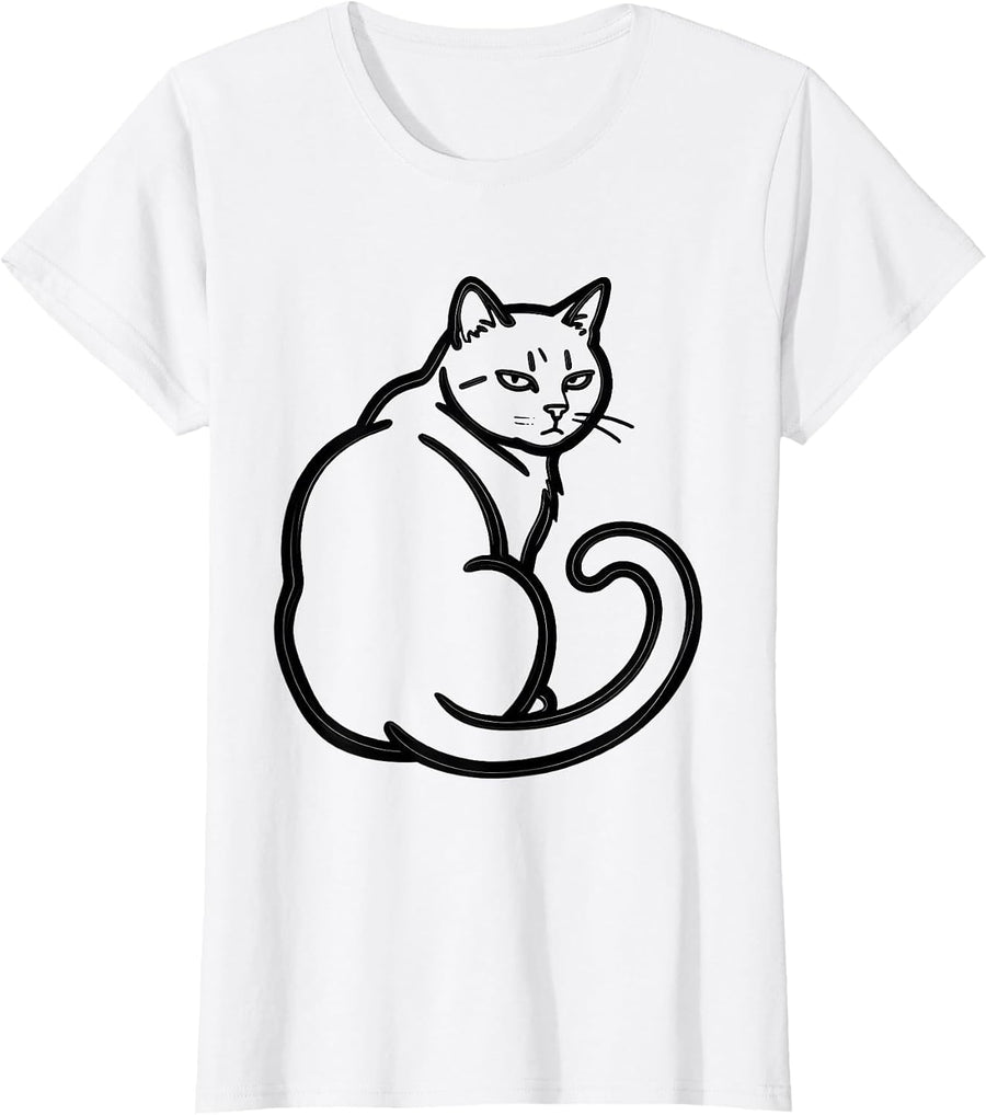 Women's Self-Satisfied Cat Line Art Funny Cat Meme Cat Lover T-Shirt - White