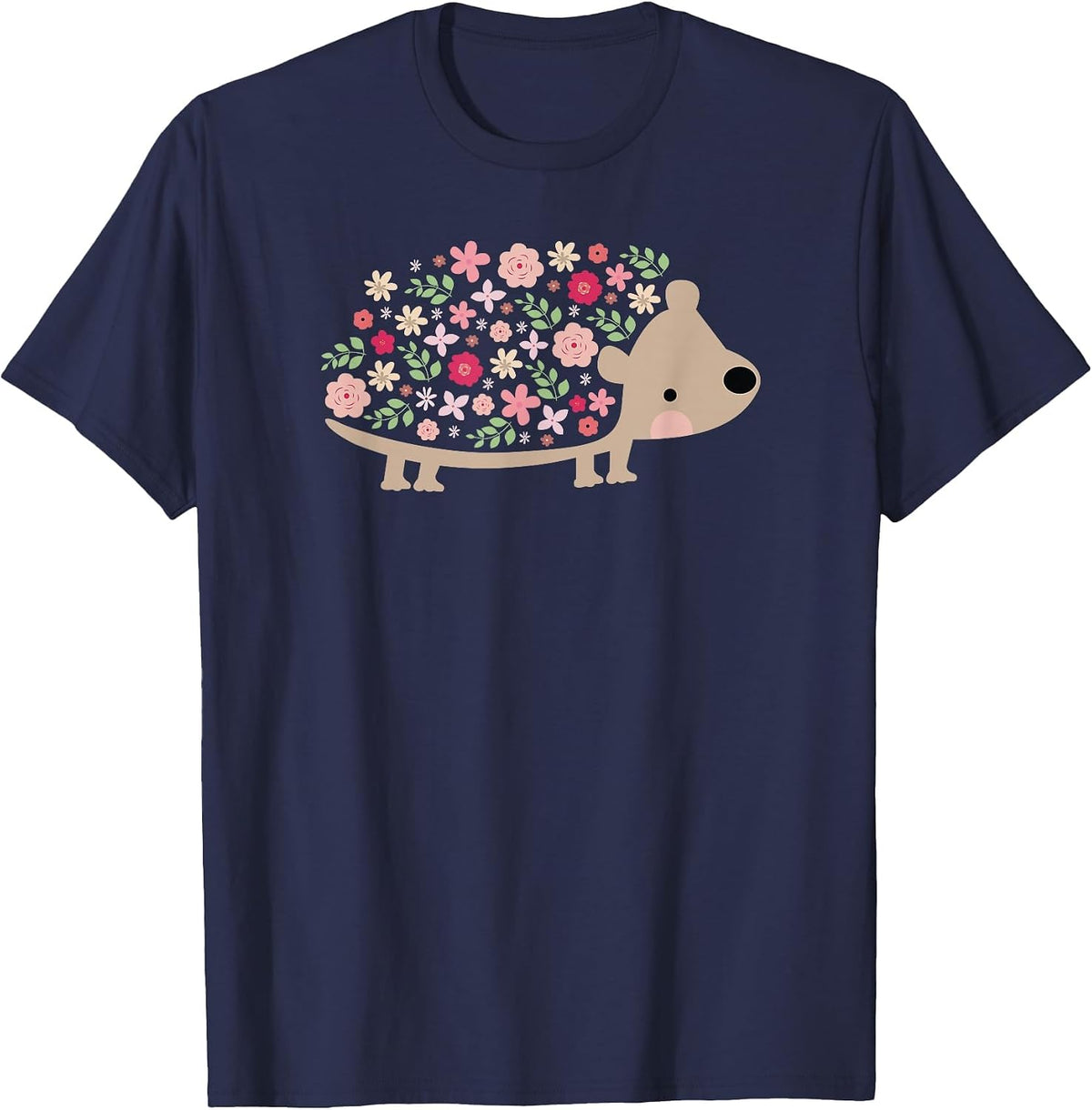 NEW! Cute Hedgehog Colourful Flower Graphic for Girls and Women T-Shirt - Navy Blue