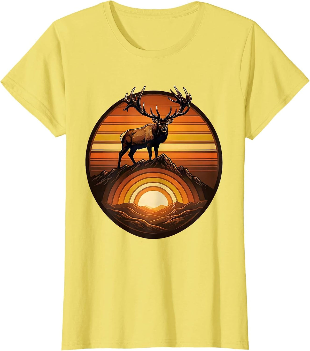 Elk Bugling on Misty Mountain Ridge Fall Design T-Shirt - Lemon Yellow