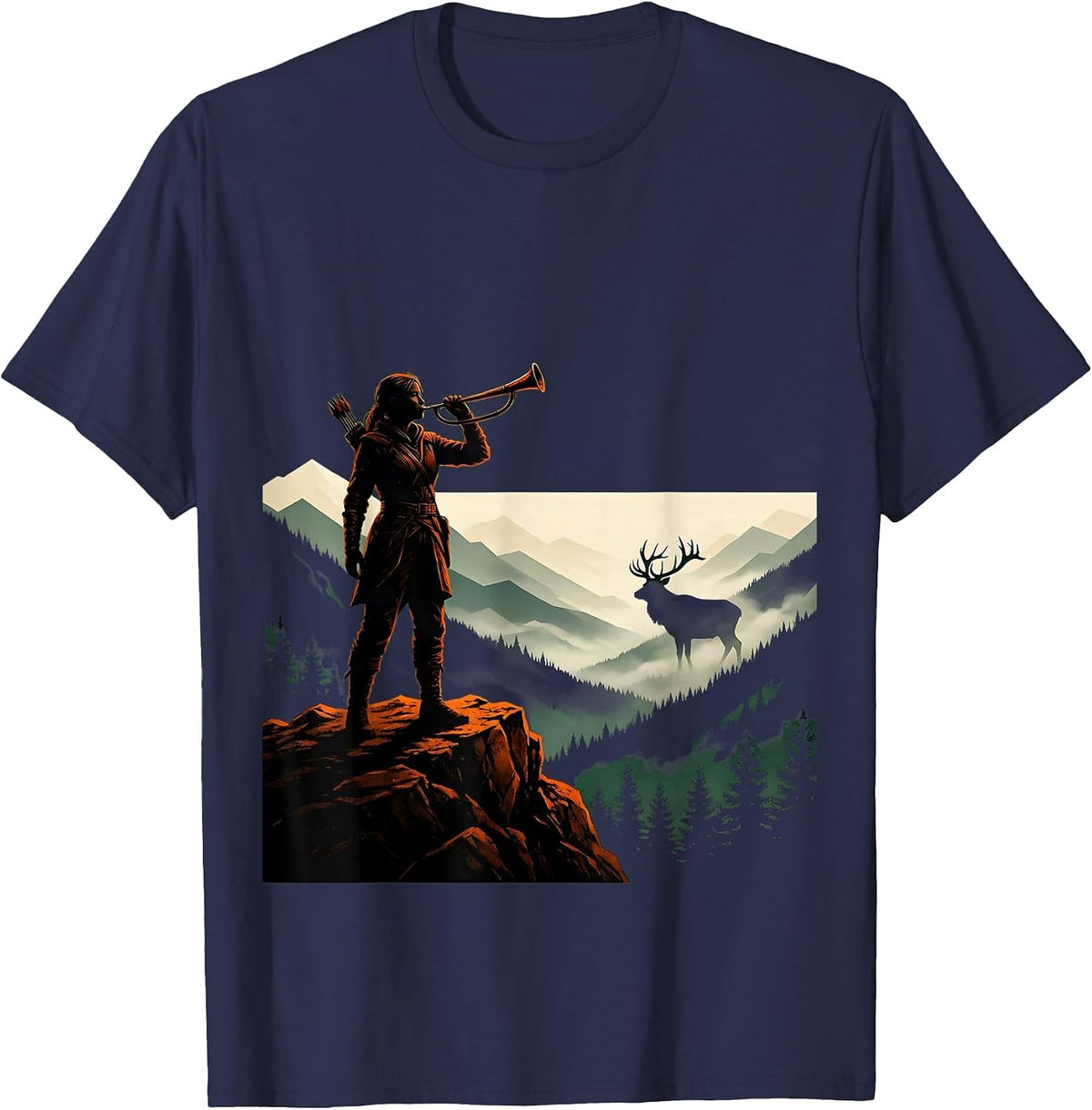 Huntress Elk Call Misty Mountain Valley T-Shirt - Navy Blue