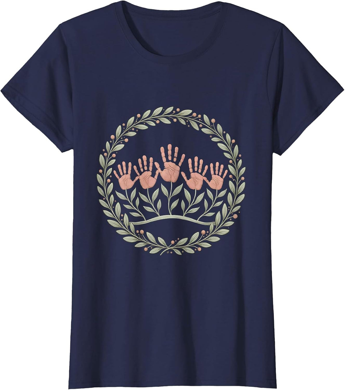 Women's Preschool Teacher Handprint Flower Garden T-Shirt - Navy Blue