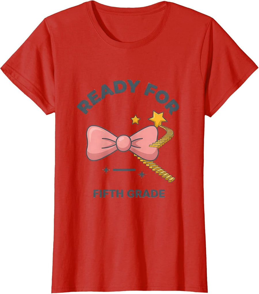 Women's Ready For Fifth Grade Coquette Bow Back to School Girl T-Shirt - Red