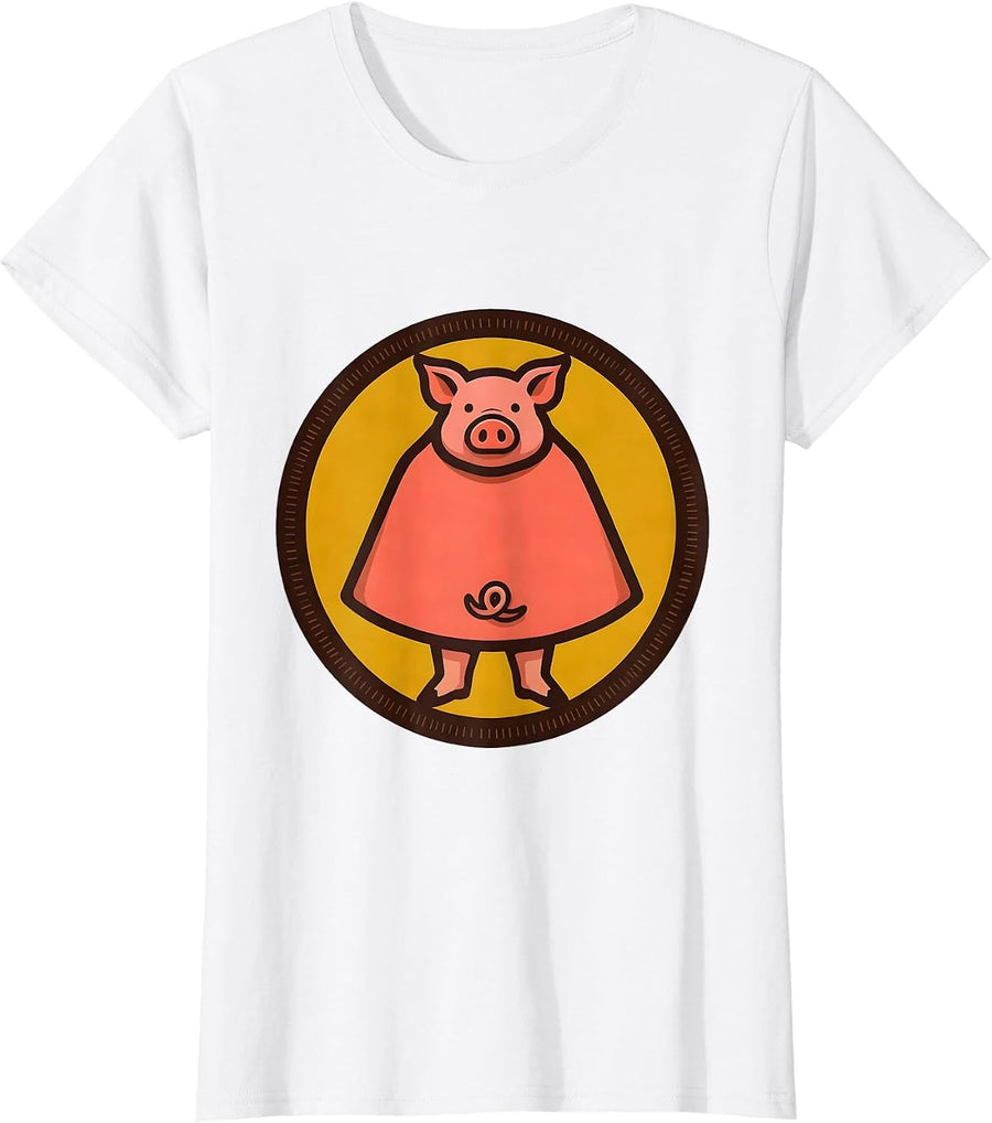 Women's Sealed Pig Badge Screenprint Poster Pig Lover Halloween T-Shirt - White