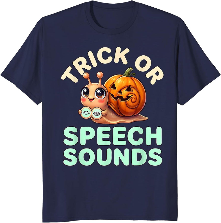 Trick Or Speech Sounds Cute Kawaii Halloween SLP Teacher T-Shirt - Navy Blue