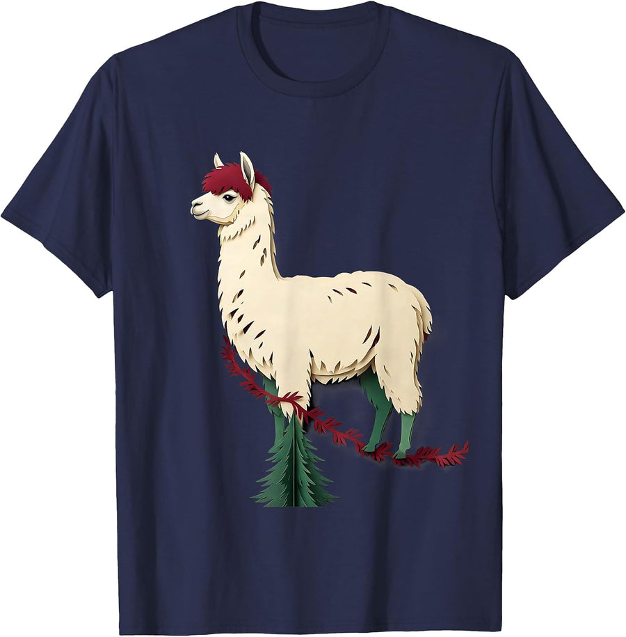 Llama Paper Cutout Funny Christmas Animal Lover Gift T-Shirt - Navy Blue