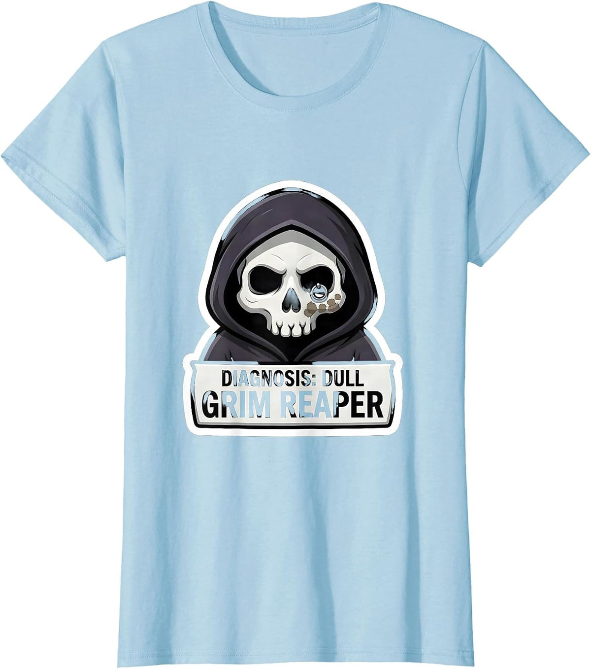 Diagnosis: Dull, Grim Reaper Dermatology Halloween Humor T-Shirt - Baby Blue