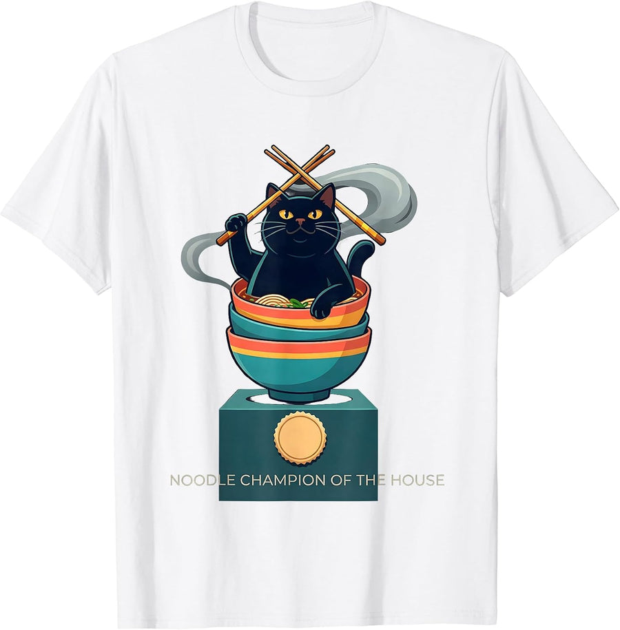 Noodle Champion of the House Funny Cat Ramen Anime Kawaii T-Shirt - White