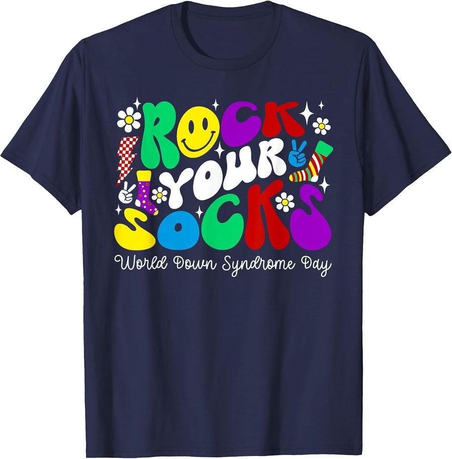Rock Your Socks Down Syndrome Awareness Day Groovy WDSD T-Shirt - Navy Blue