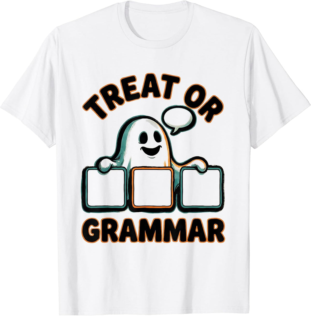 Men's Treat Or Grammar Cartoon Ghost Halloween SLP Teacher T-Shirt - White