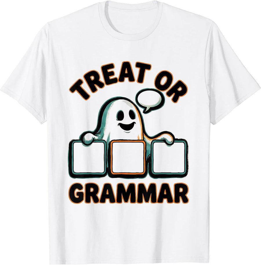 Men's Treat Or Grammar Cartoon Ghost Halloween SLP Teacher T-Shirt - White