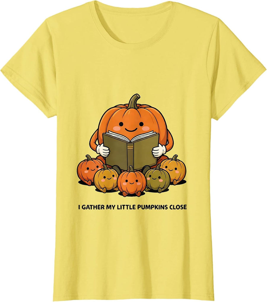 Women's I Gather My Little Pumpkins Close Whimsical Teacher Autumn T-Shirt - Lemon Yellow