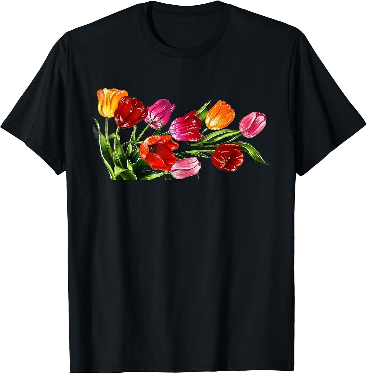 Lovely Spring Tulips Flower Design Tee T-Shirt - Black