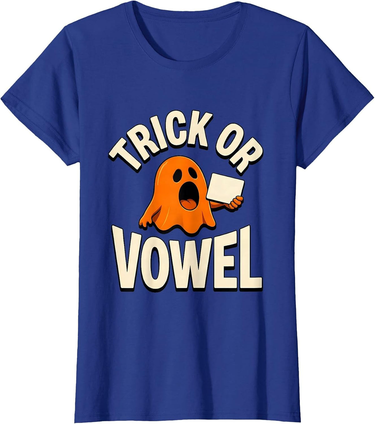 Women's Trick Or Vowel Funny Halloween Speech Therapy SLP Teacher T-Shirt - Royal Blue