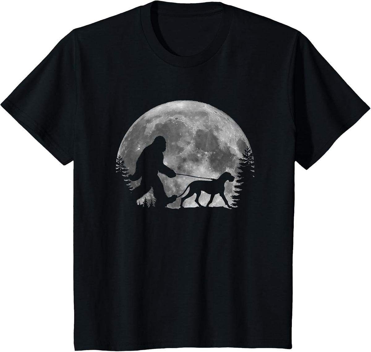 Bigfoot Walking a Dog Funny Great Dane Lovers Moon Halloween T-Shirt - Black