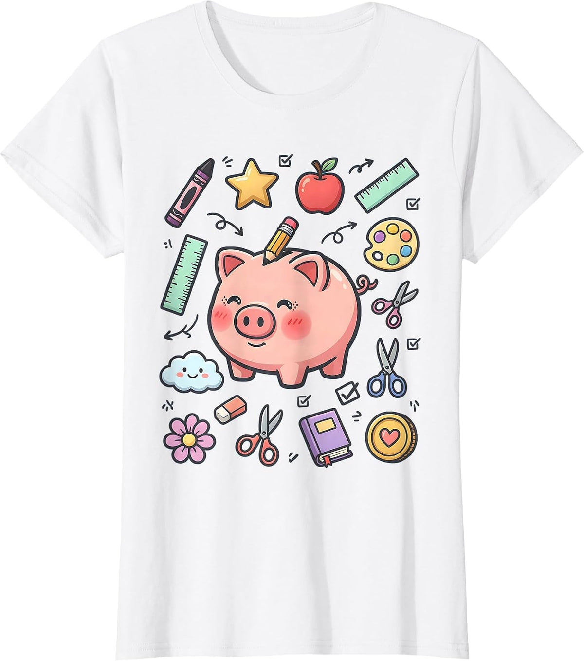 Women's Preschool Teacher Piggy Bank Pencil Graphic T-Shirt - White