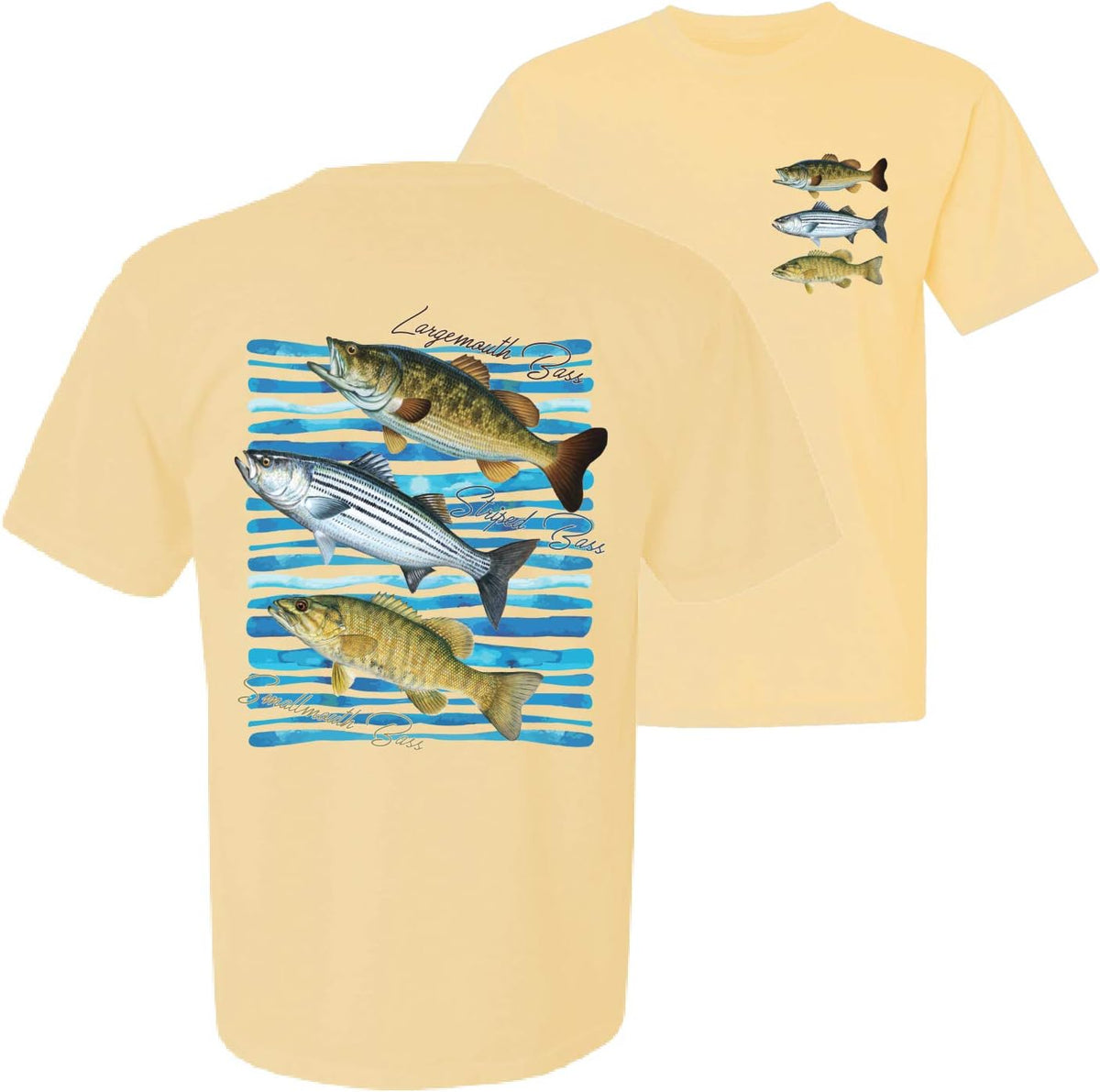 Largemouth Striped Smallmouth Big Bass Fish Fishing Garment-Dyed Washed Look Short Sleeve T-Shirt - Banana