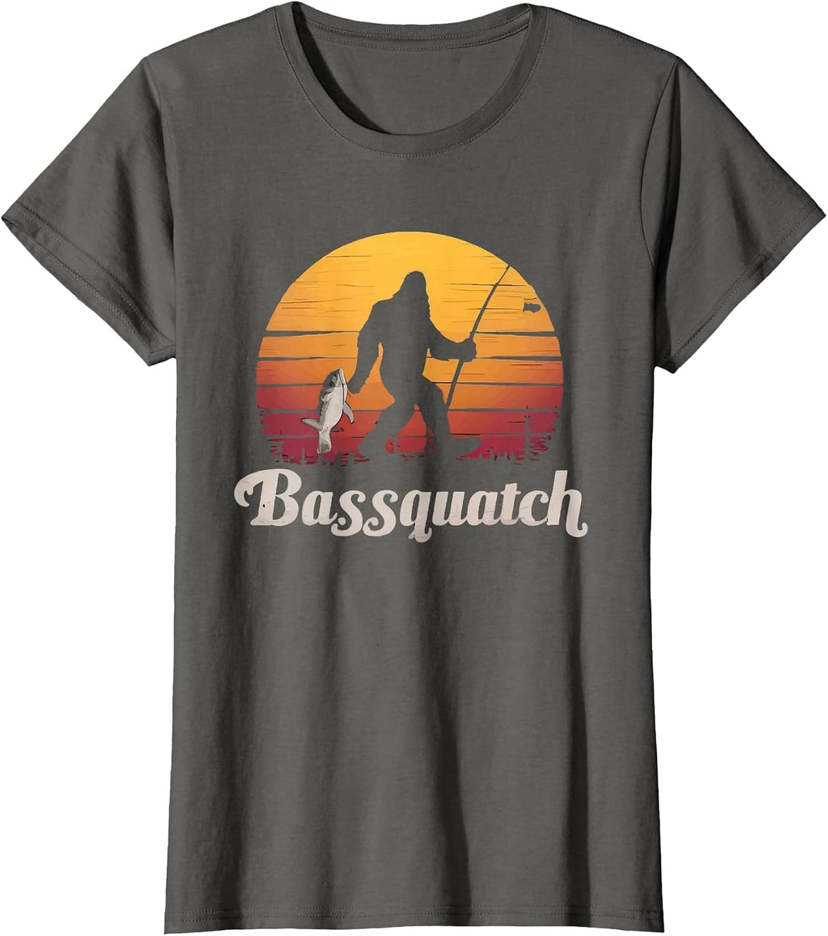BassSquatch Bigfoot Fishing Bass Forest Silhouette T-Shirt - Asphalt Grey