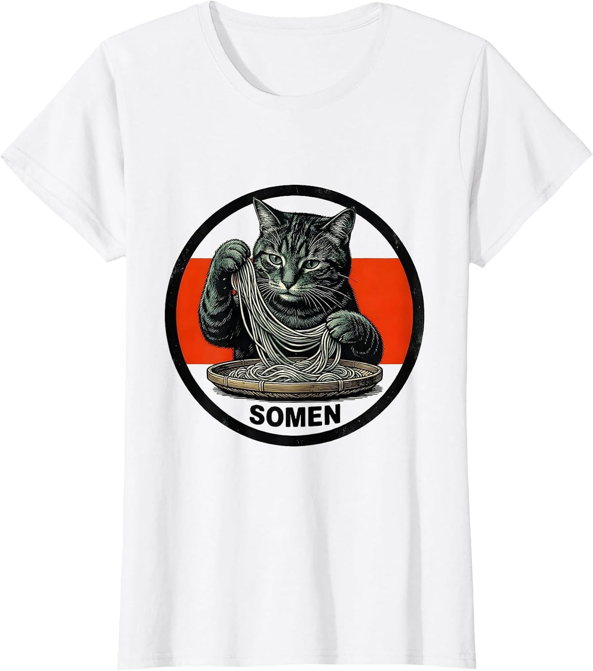 Women's SOMEN Vintage Poster Relief Cat Ramen Kawaii Anime Gift T-Shirt - White