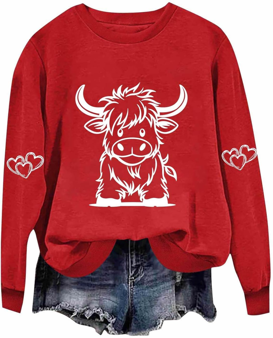 Highland Cow Shirts for Women Cute Funny Graphic Western Cowgirl Sweatshirts Long Sleeve Country Pullover Tops Loose - Red
