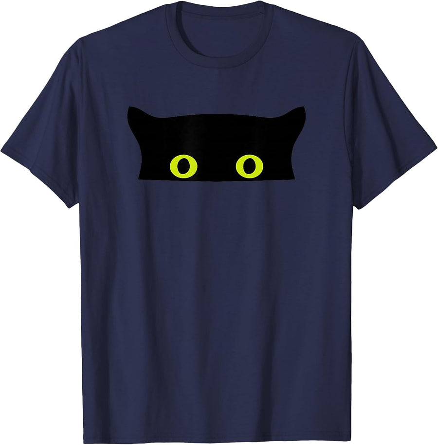 Funny Animal Black Cat Face Peeking Eyes T-Shirt - Navy Blue