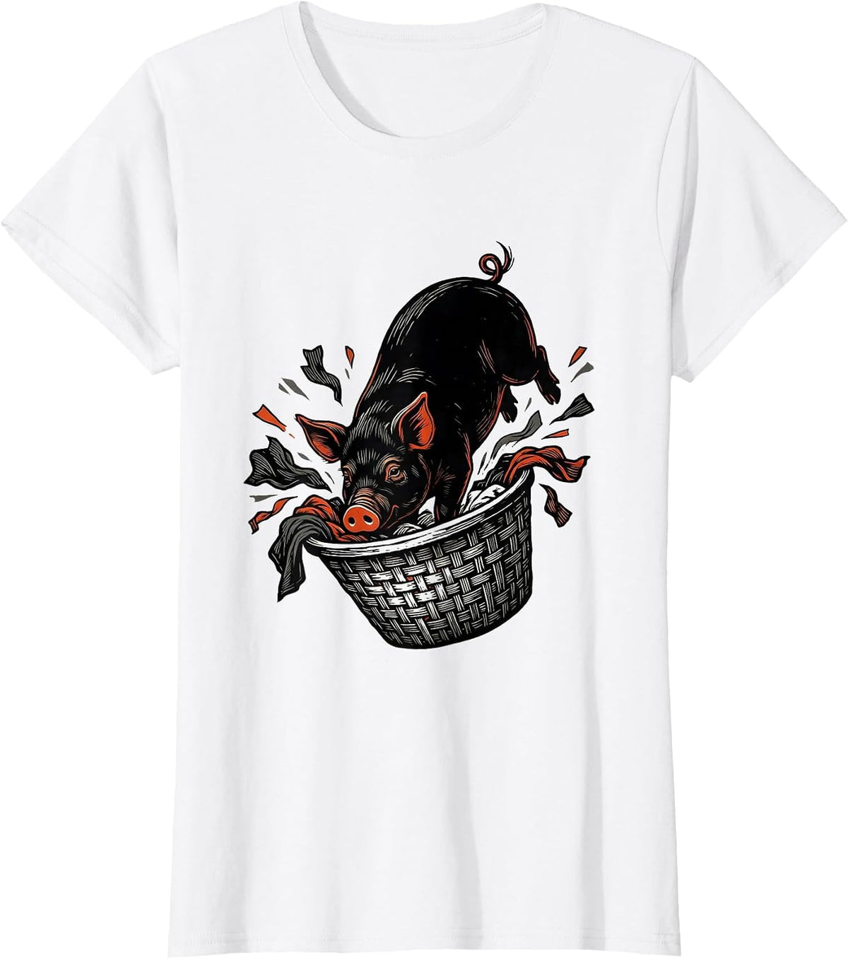 Pet Pig Rooting Through Laundry Basket Cute Animal Lover T-Shirt - White