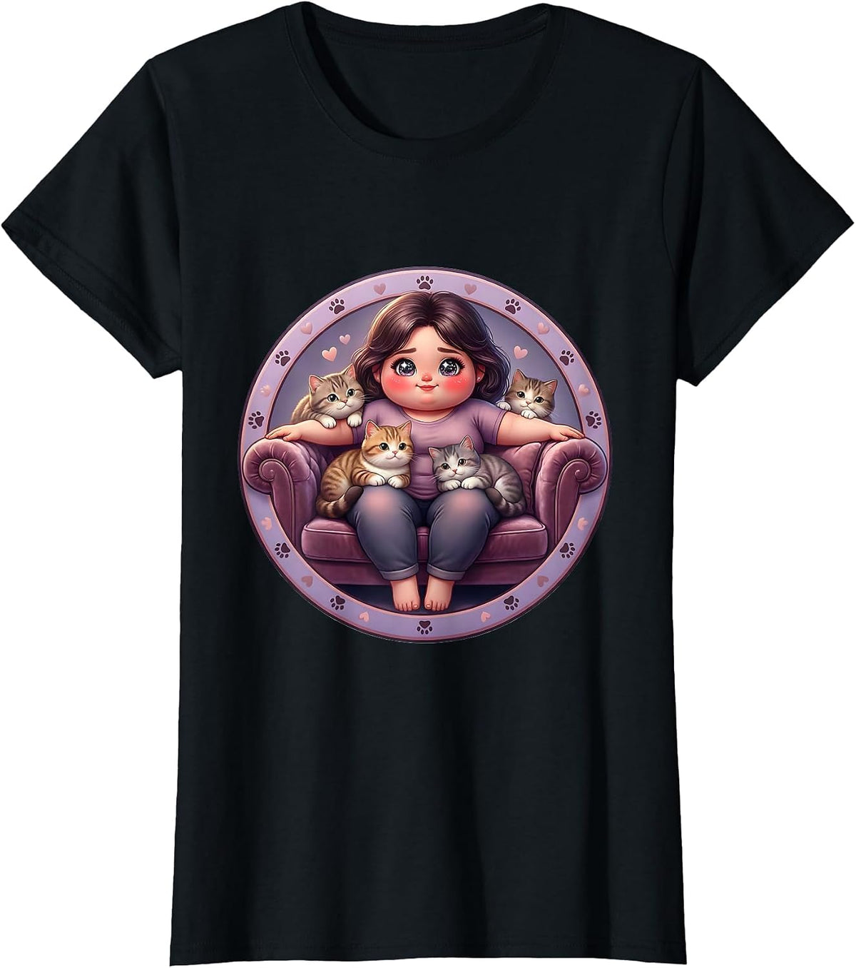 Crazy Cat Auntie Velvet Couch Illustration T-Shirt - Black