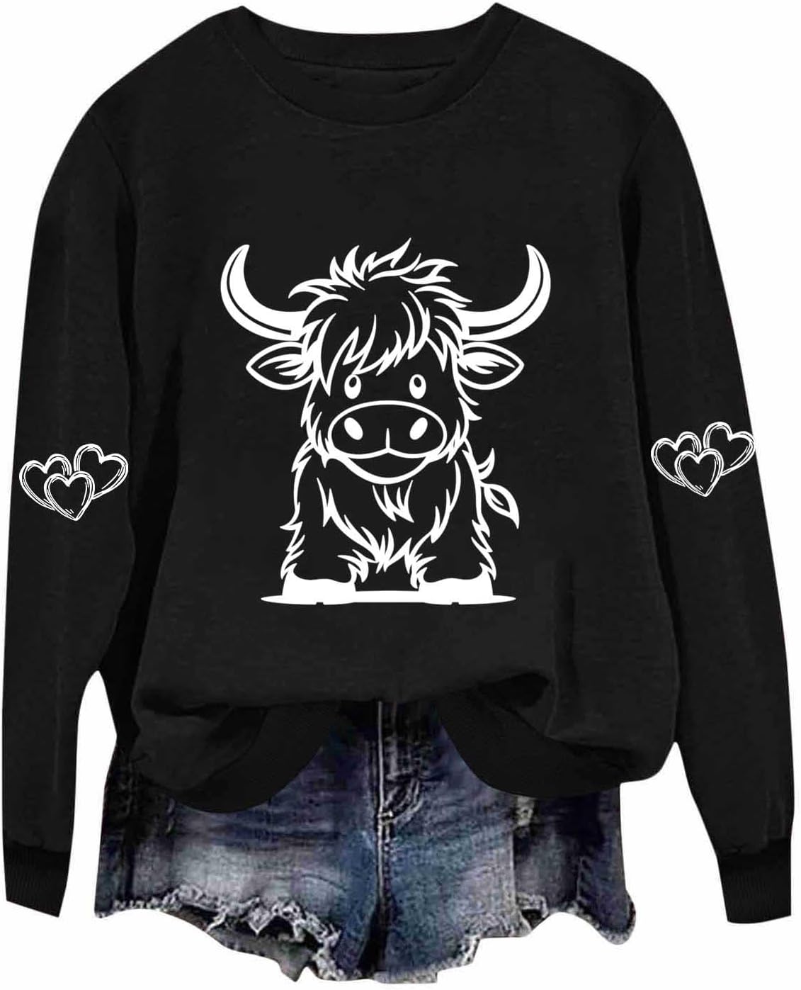 Highland Cow Shirts for Women Cute Funny Graphic Western Cowgirl Sweatshirts Long Sleeve Country Pullover Tops Loose - Black