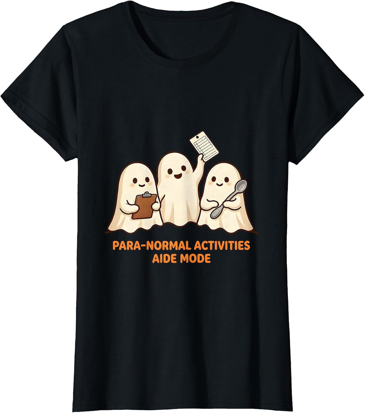 Women's Para-Normal Activities Aide Mode Cute Kawaii Ghost SpEd T-Shirt - Black