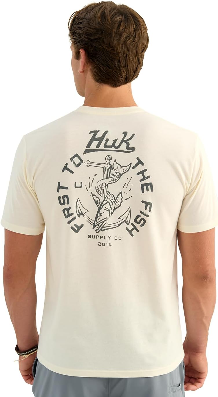 HUK Mens Fishing Graphic Tee, Performance Short Sleeve, Quick-Dry - Medium Vintage - Egret
