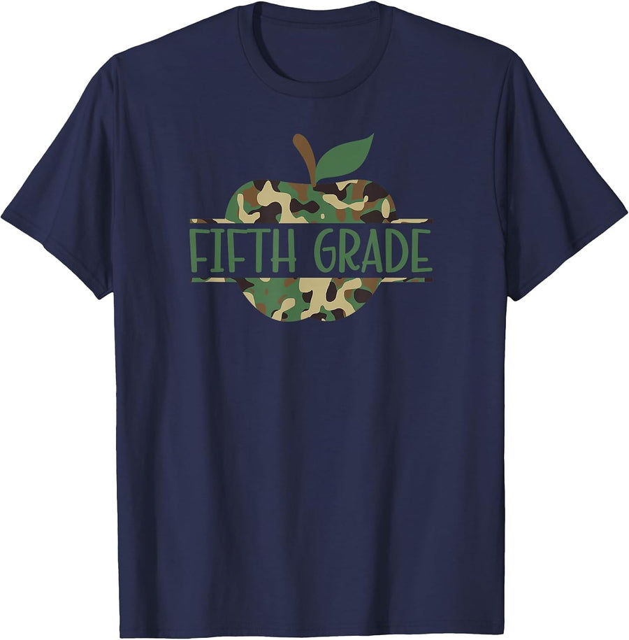 Fifth Grade Camo Apple First Day of School T-Shirt - Navy Blue