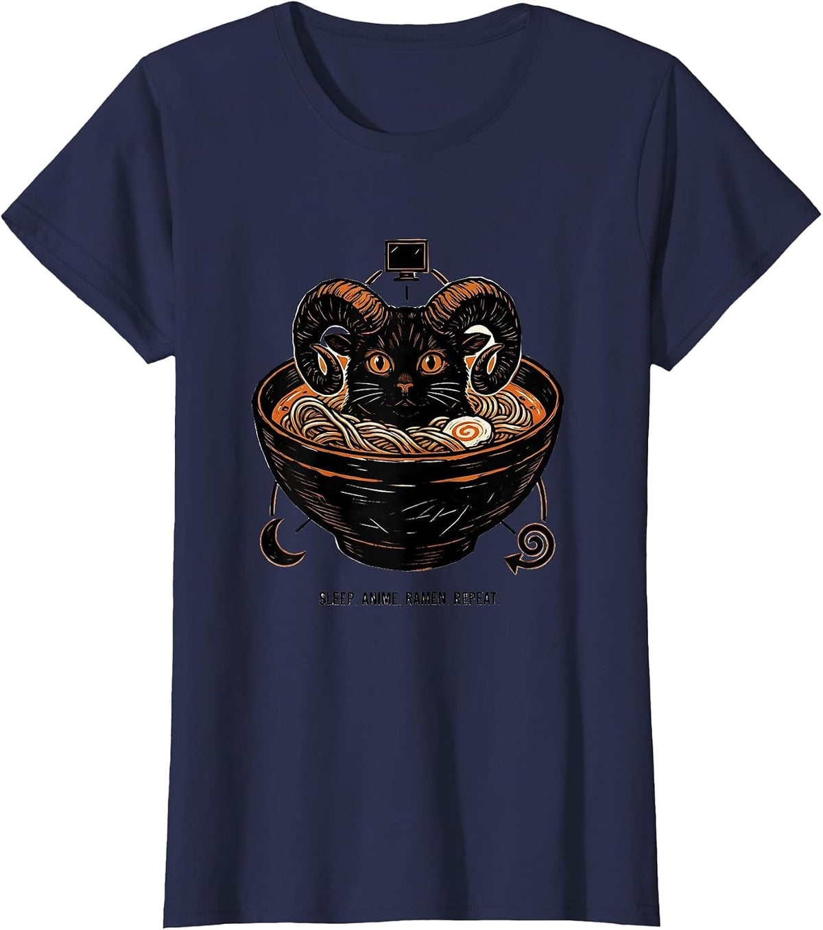 Women's Sleep. Anime. Ramen. Repeat. Funny Kawaii Cat Anime Gift T-Shirt - Navy Blue