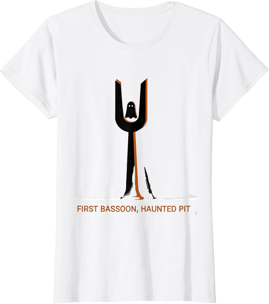 Women's First Bassoon, Haunted Pit Funny Music Teacher Halloween T-Shirt - White
