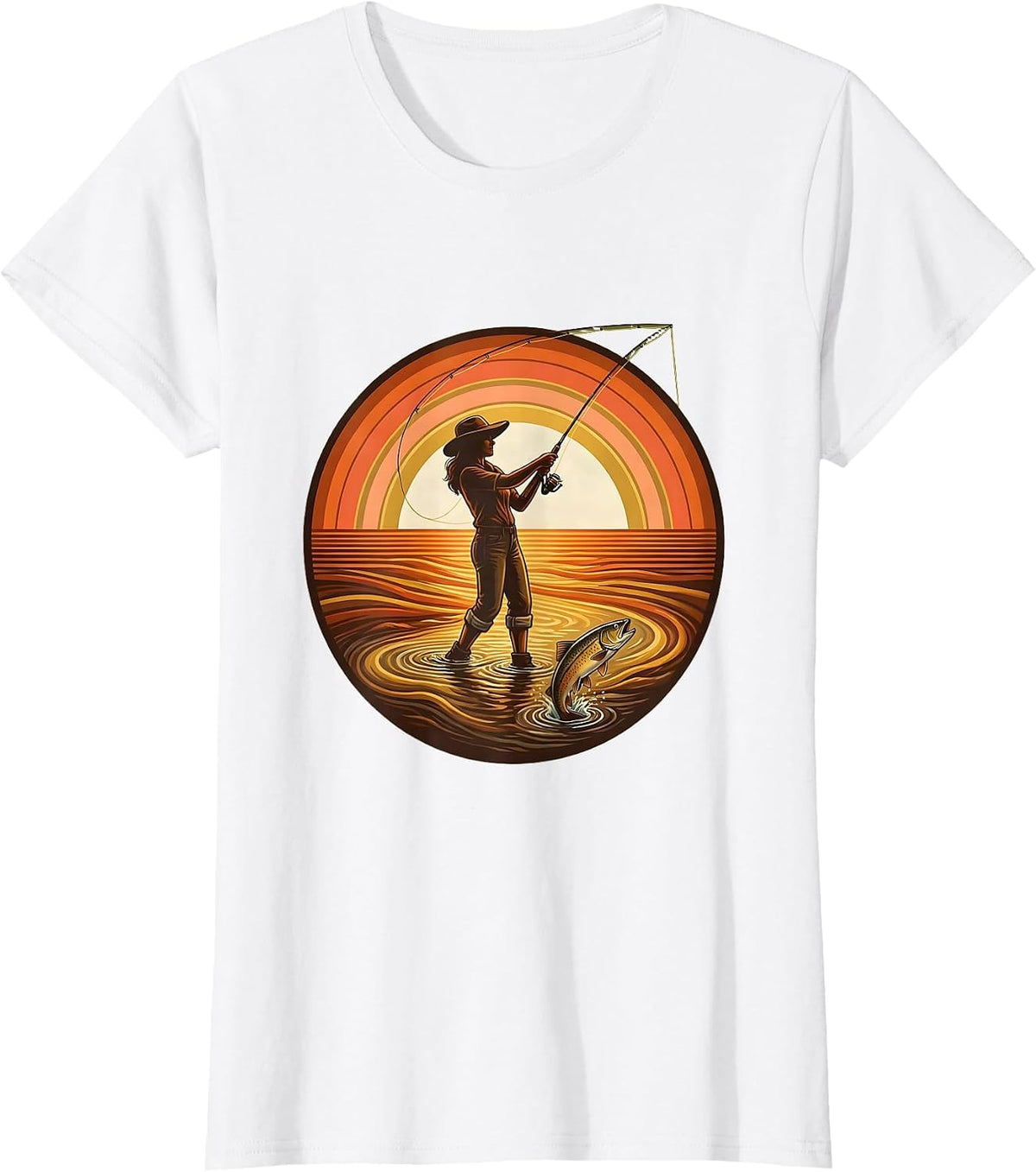 Women's Fly Fishing Wading Stream Catching Trout Graphic T-Shirt - White