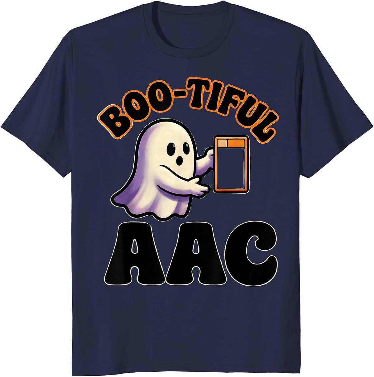 Men's Boo-tiful AAC Funny Ghost Speech Therapy SLP Teacher T-Shirt - Navy Blue