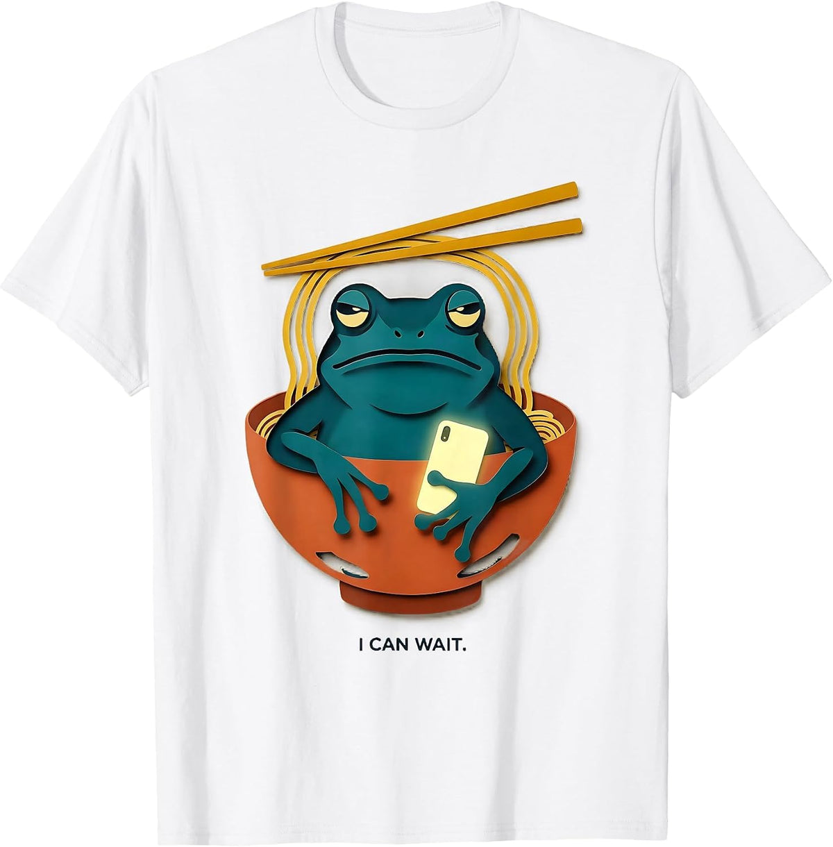 Men's I Can Wait Funny Grumpy Frog Ramen Anime Art Meme T-Shirt - White