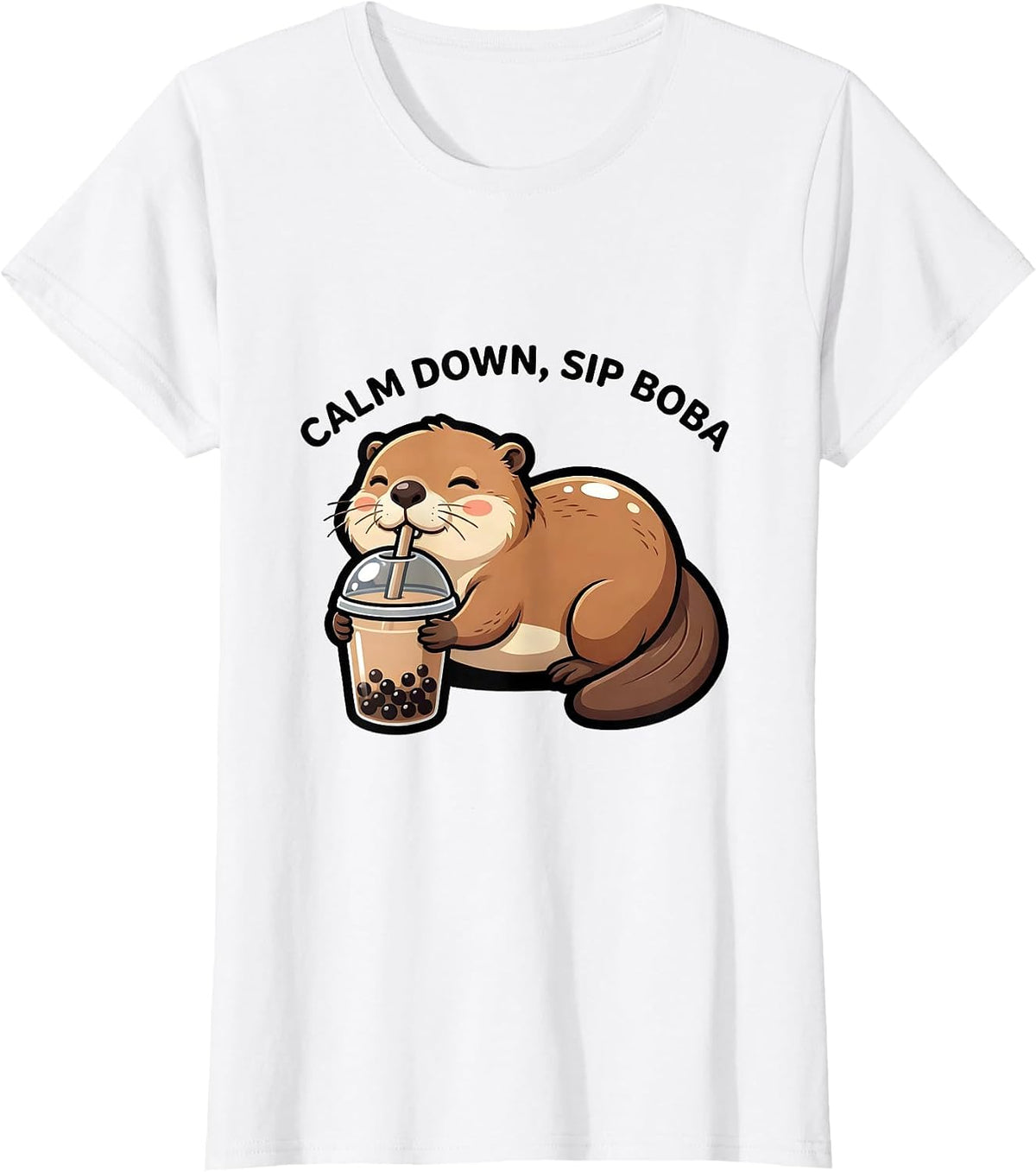 Calm Down, Sip Boba Cute Kawaii Anime Animal Boba Tea Lover T-Shirt - White