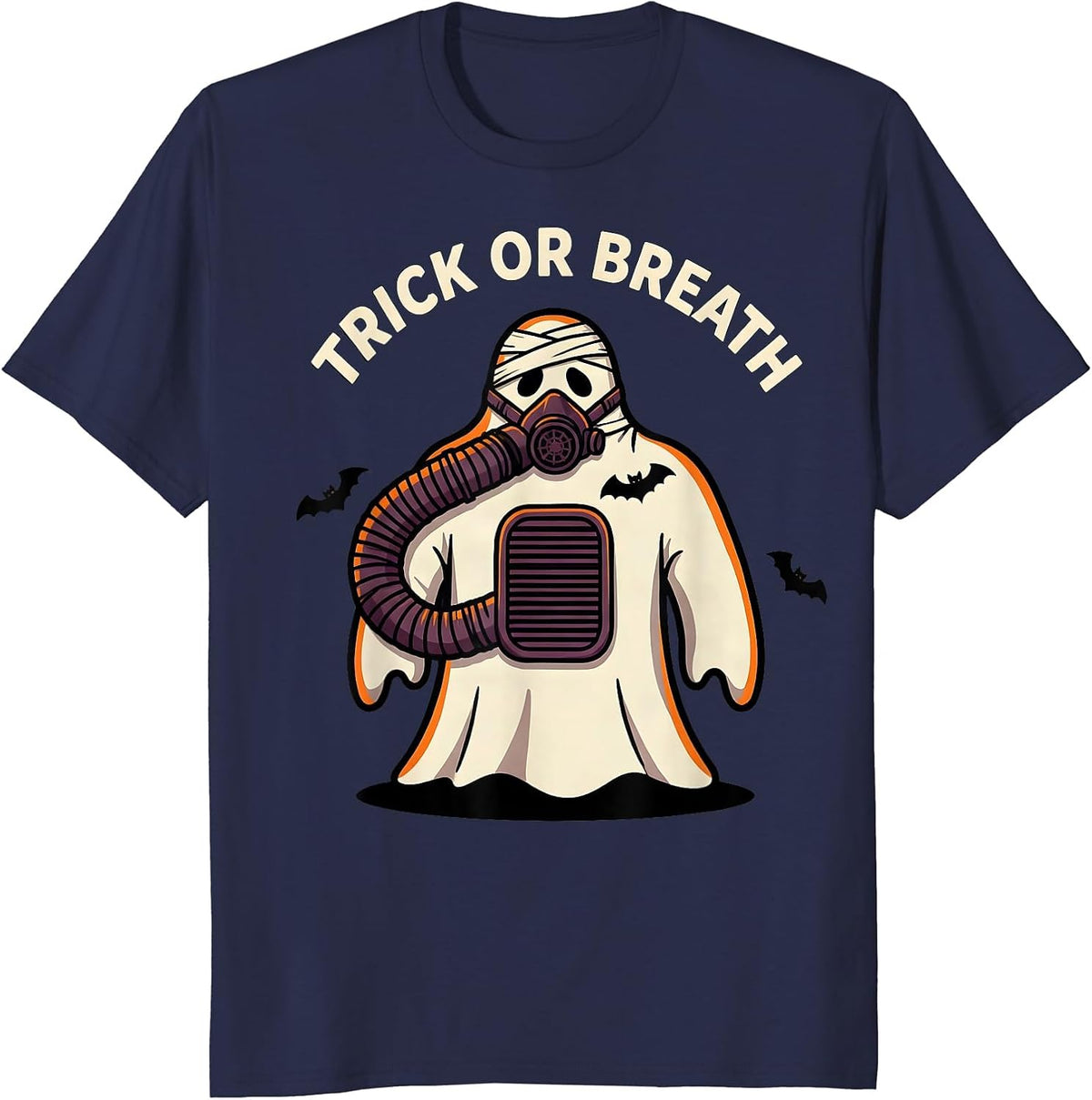 Trick Or Breath Cartoon Ghost Respiratory Therapist T-Shirt - Navy Blue