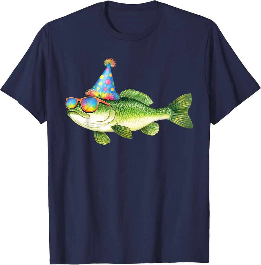 Bass Birthday Freshwater Fish Party Fishing Birthday Funny Tee T-Shirt for Men and Women - Navy Blue