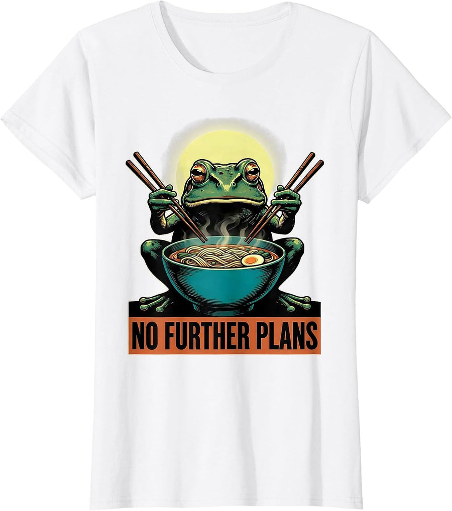 Women's No Further Plans Funny Grumpy Frog Eat Ramen Japanese Art T-Shirt - White