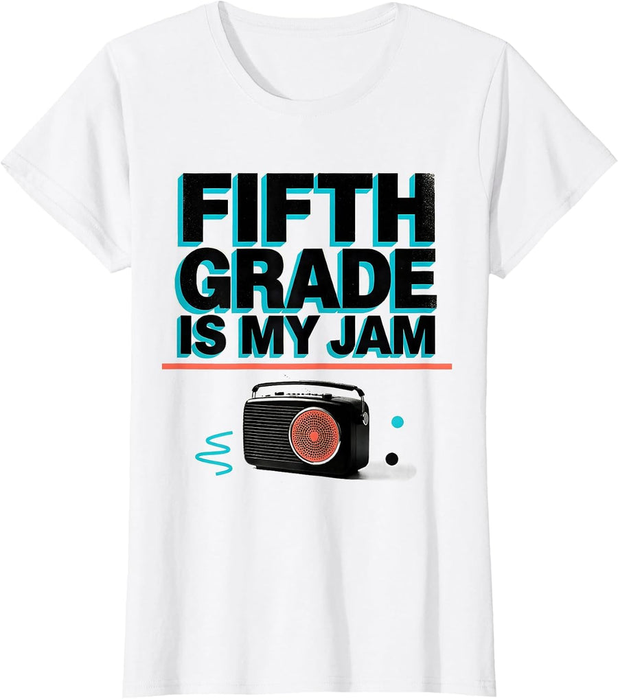 Women's Fifth Grade Is My Jam Retro Memphis Postmodern Back T-Shirt - White