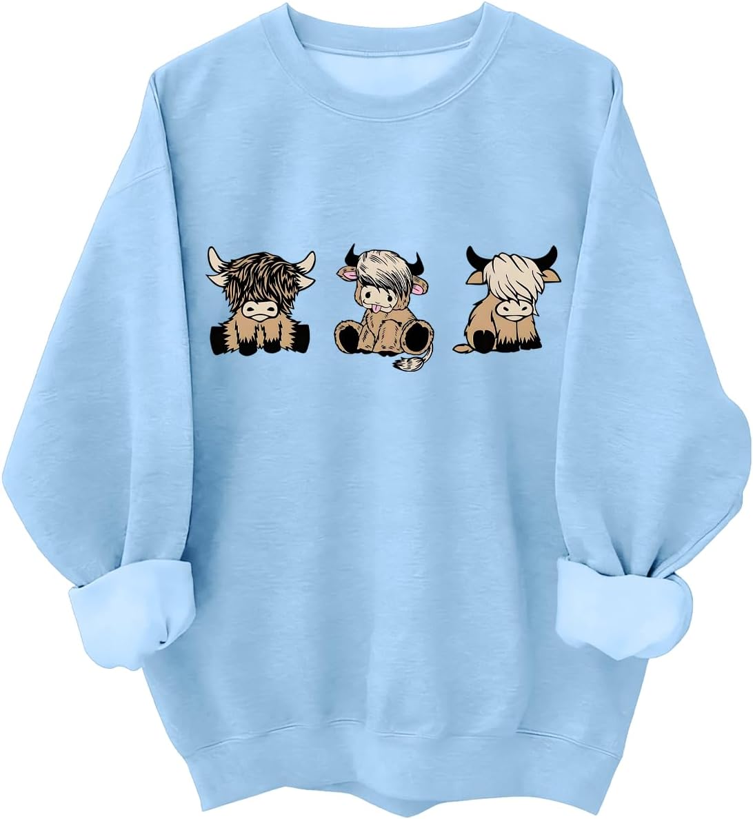 Highland Cow Sweatshirts for Women Cute Animal Farm Country Tops - Crew Neck Carolina Blue-1