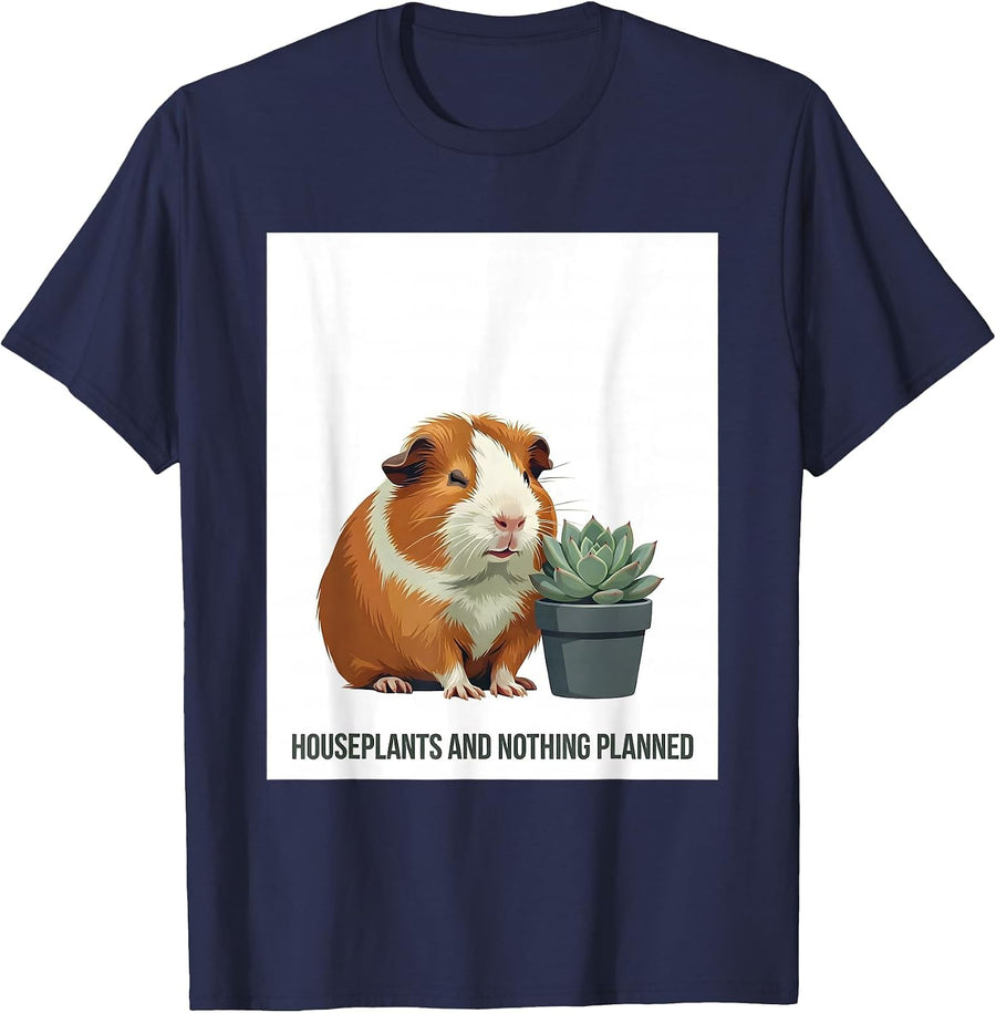 Houseplants And Nothing Planned Cute Kawaii Anime Animal T-Shirt - Navy Blue