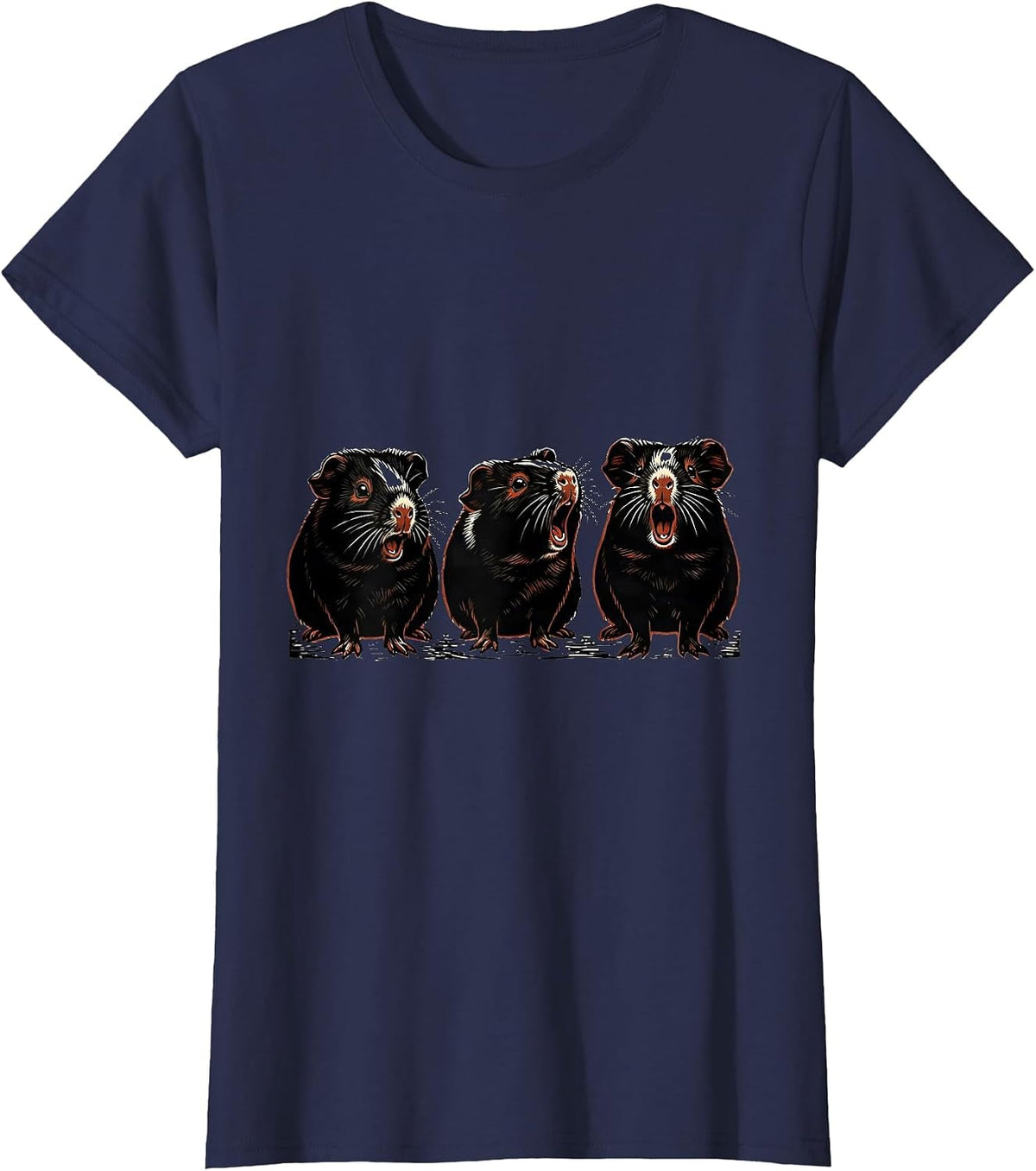Women's Guinea Pig Alert Linocut Funny Pet Lover T-Shirt - Navy Blue