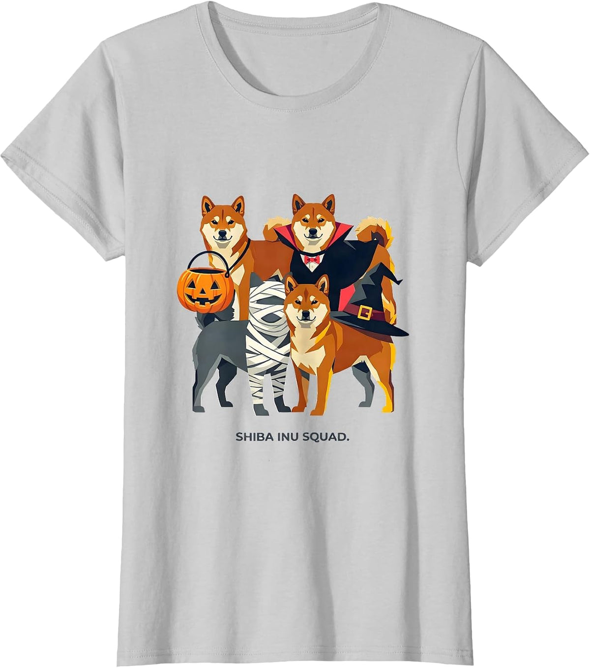 Women's Shiba Inu Squad Halloween Pumpkin Vampire Mummy Witch Dog T-Shirt - Silver Grey