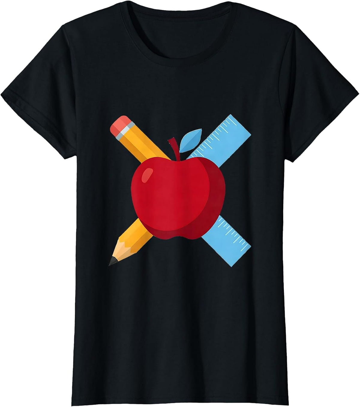 Women's Preschool Teacher Apple Pencil Ruler Graphic T-Shirt - Black