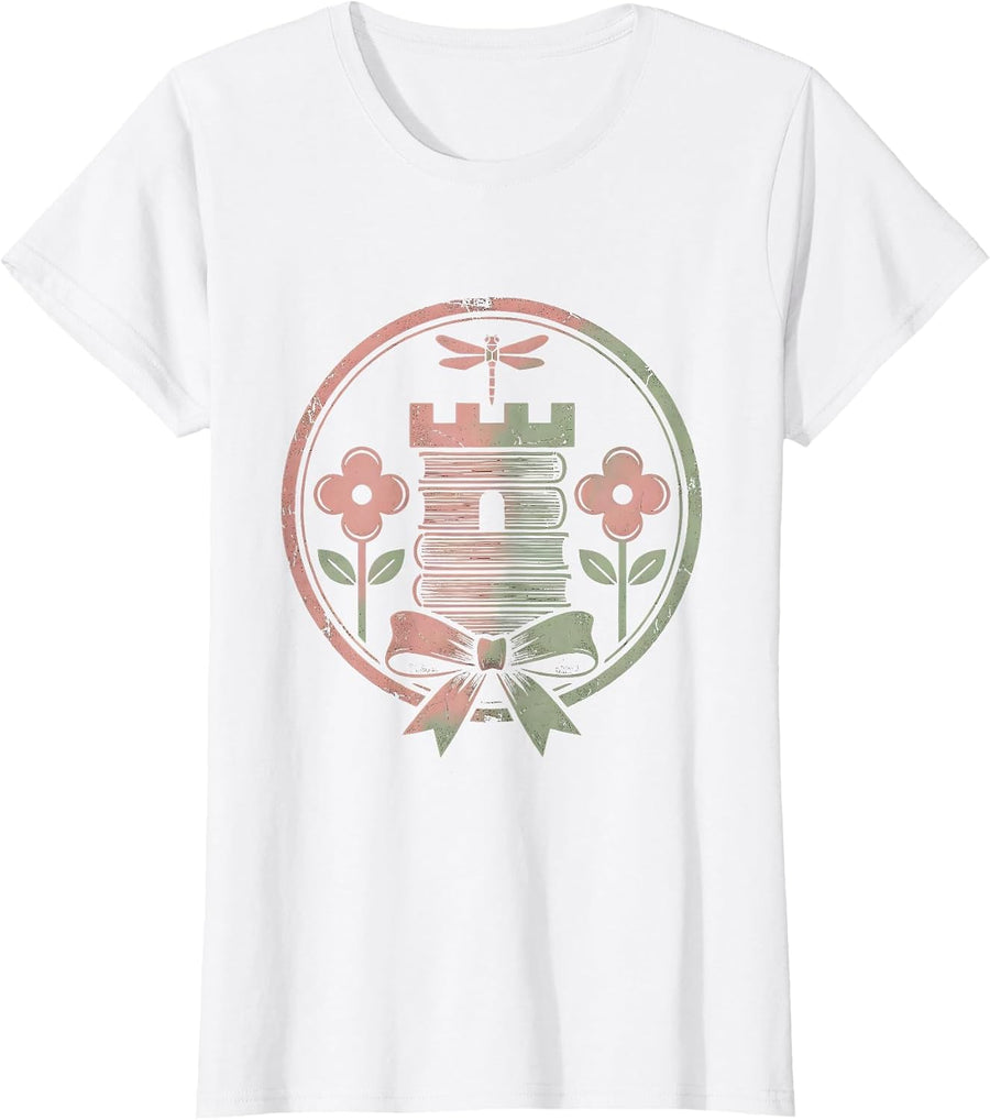 Women's Teacher Castle Stacked Books Illustration T-Shirt - White